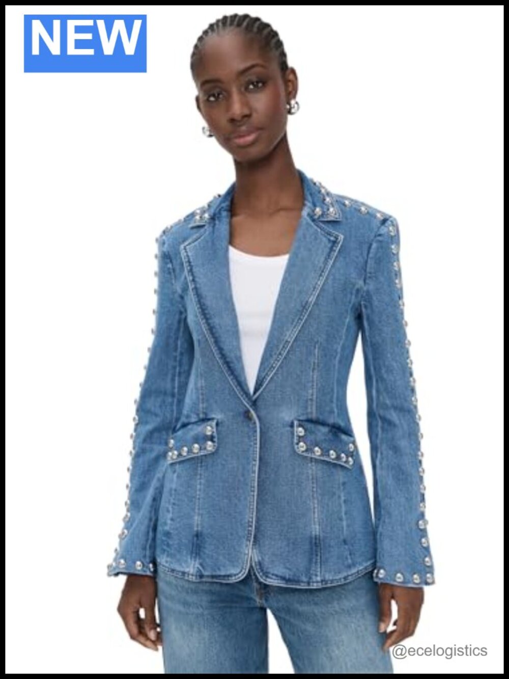 Studded Denim Jacket Notch Lapel Long Sleeve Cotton